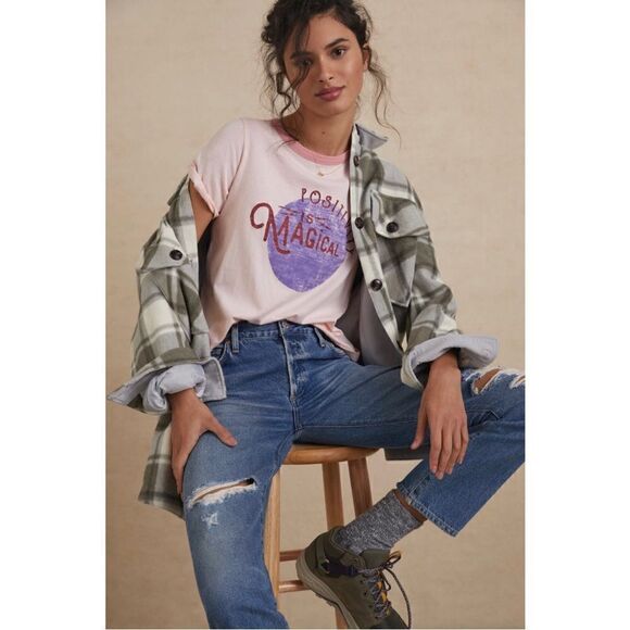 NEW Anthropologie Positivity Is Magical Graphic Ringer Tee Shirt Top Small - Picture 1 of 4